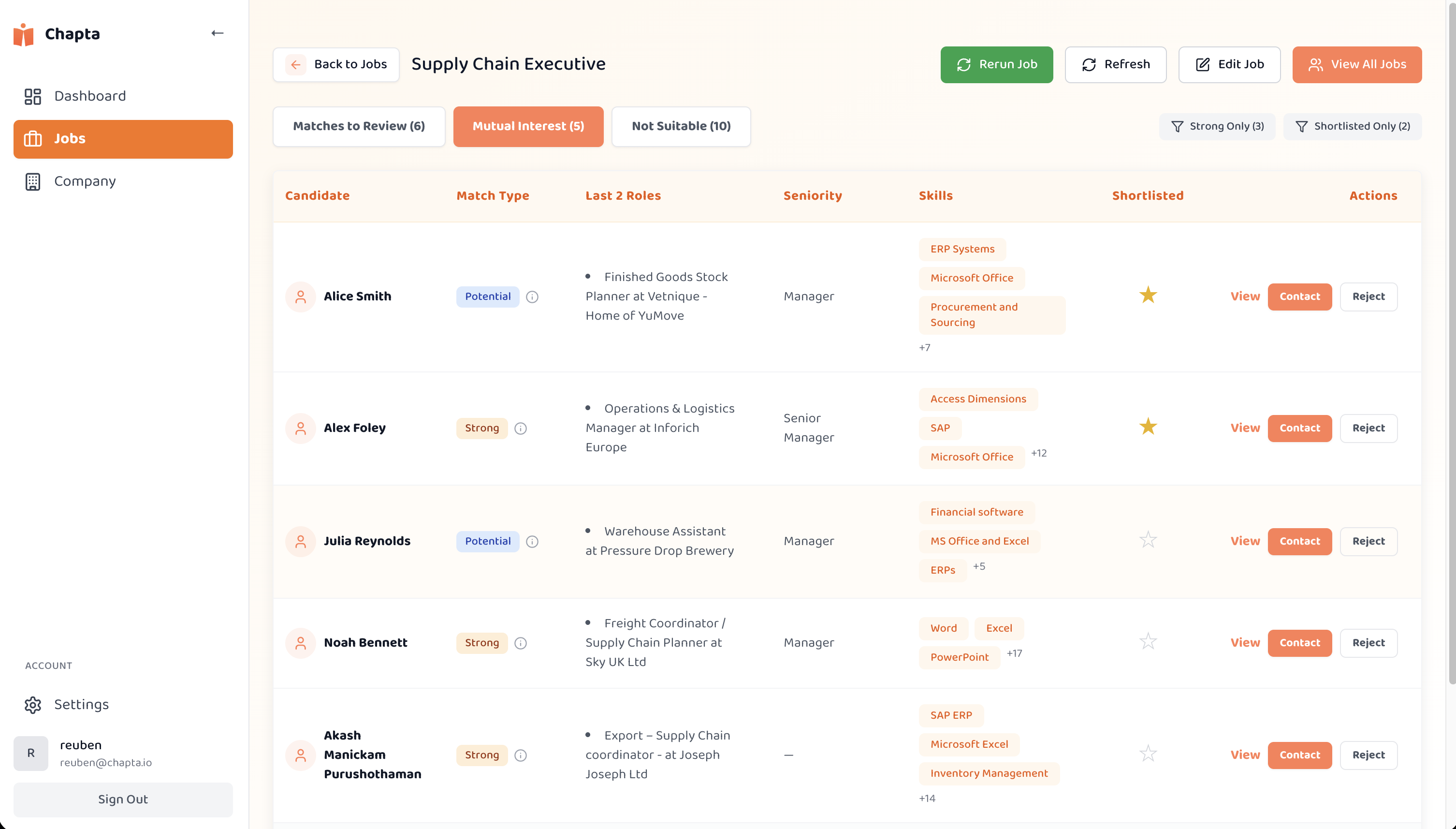 Chapta Portal showing candidate matching interface with job listings, match types, skills, and action buttons